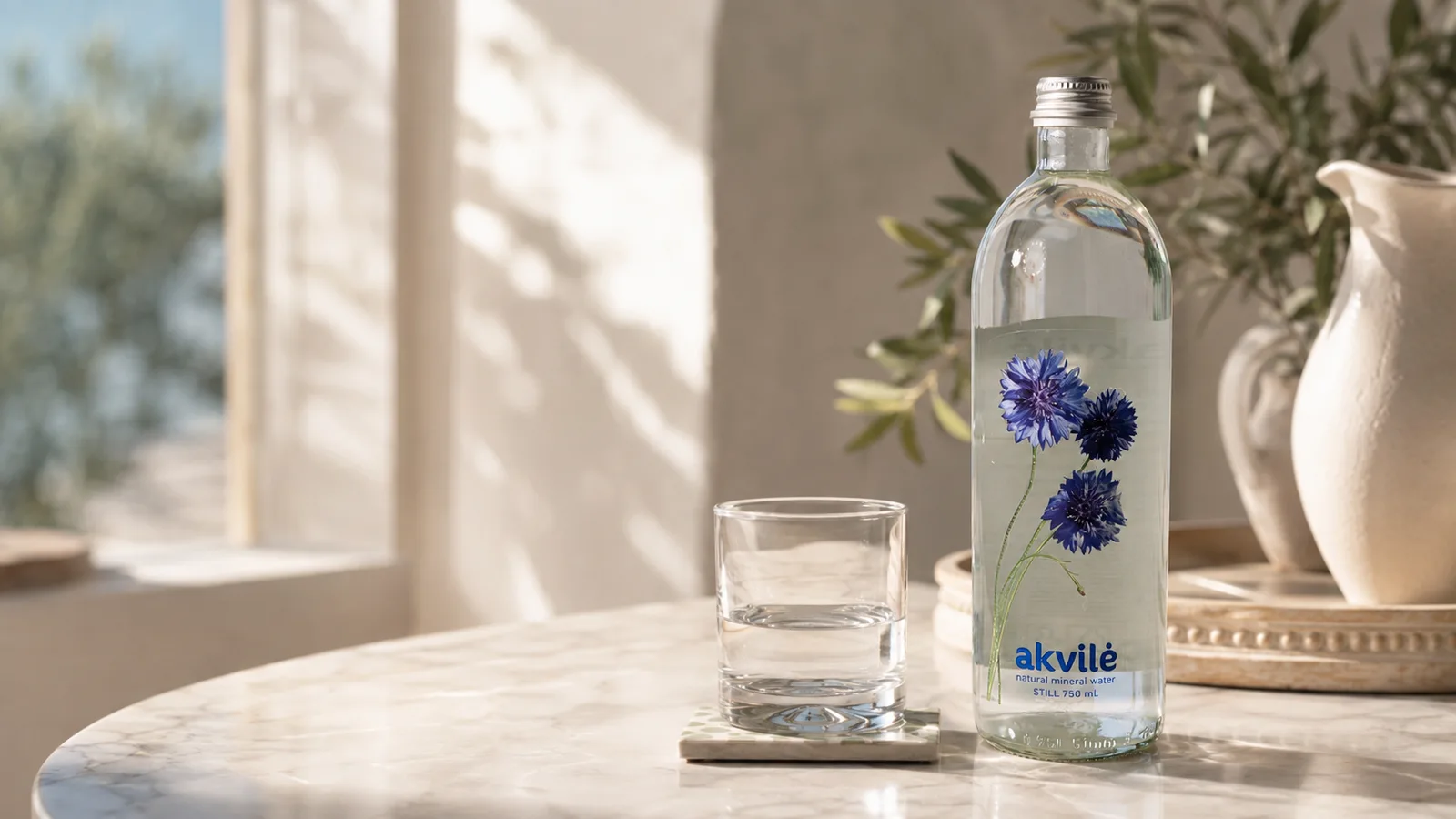 Akvilė cornflower glass bottle and a glass of water on a sunlit stone table