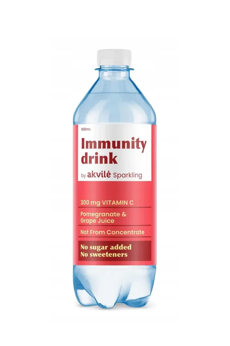 Pomegranate and red grape juices bring fruit character to Akvilė mineral water, with vitamin C from acerola.