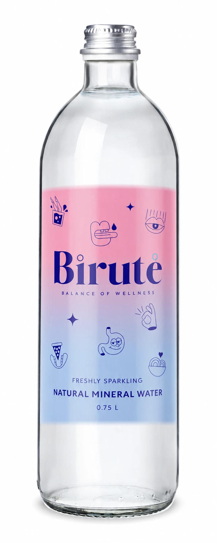 Birutė freshly sparkling natural mineral water, 750 ml · Glass, English label