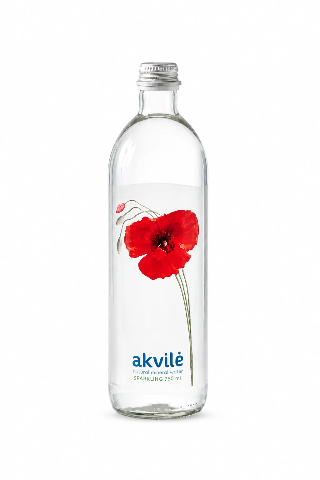 Akvilė sparkling mineral water in a glass bottle with a red poppy label