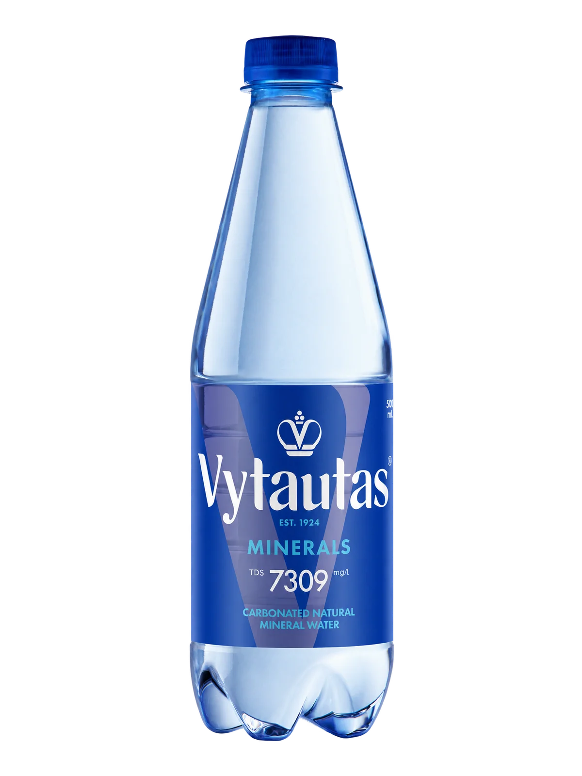 Vytautas carbonated natural mineral water in a PET bottle with a blue cap