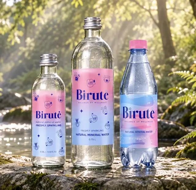 Three new Birutė bottles beside a sunlit river, campaign artwork