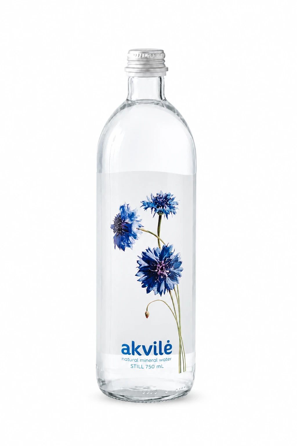 Akvilė still mineral water in a glass bottle with a blue cornflower label