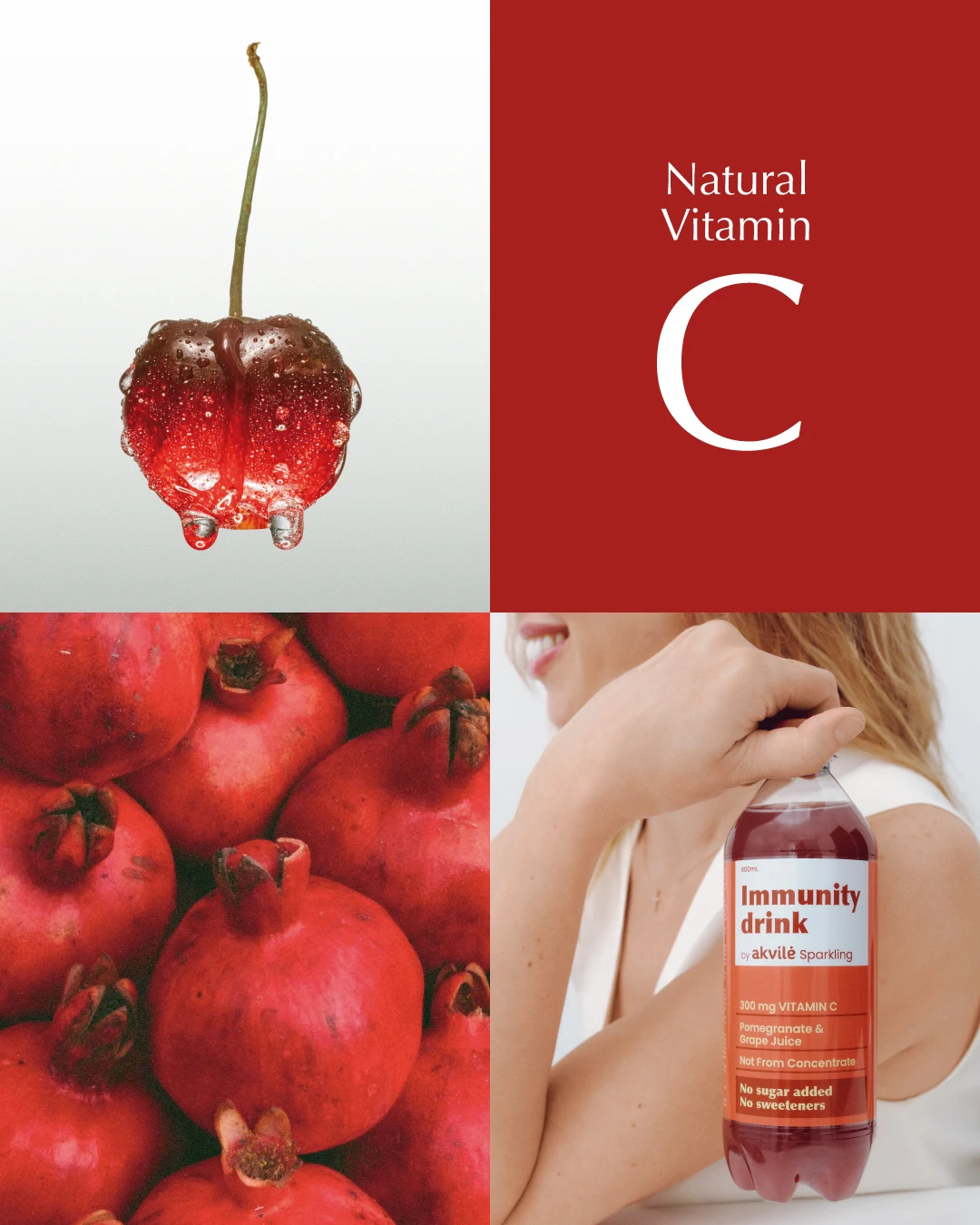 Pomegranate and acerola ingredient imagery from the Immunity Drink campaign