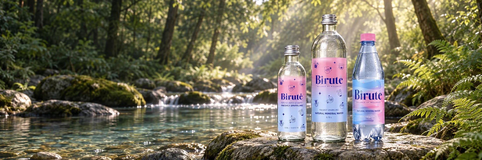 Birutė bottles beside a sunlit woodland stream