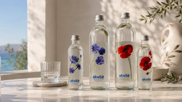 Four Akvilė floral glass bottles in 330 ml and 750 ml sizes on a sunlit stone table