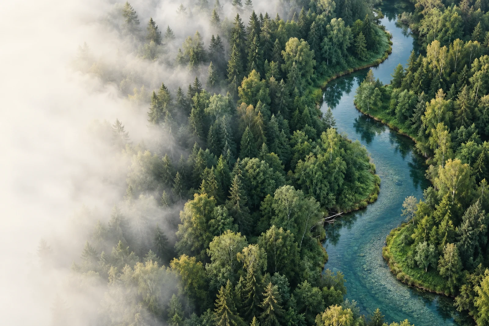 A river winding through misty green woodland — nature campaign artwork