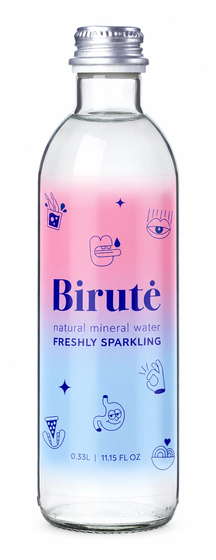 Birutė freshly sparkling natural mineral water, 330 ml · Glass, English label