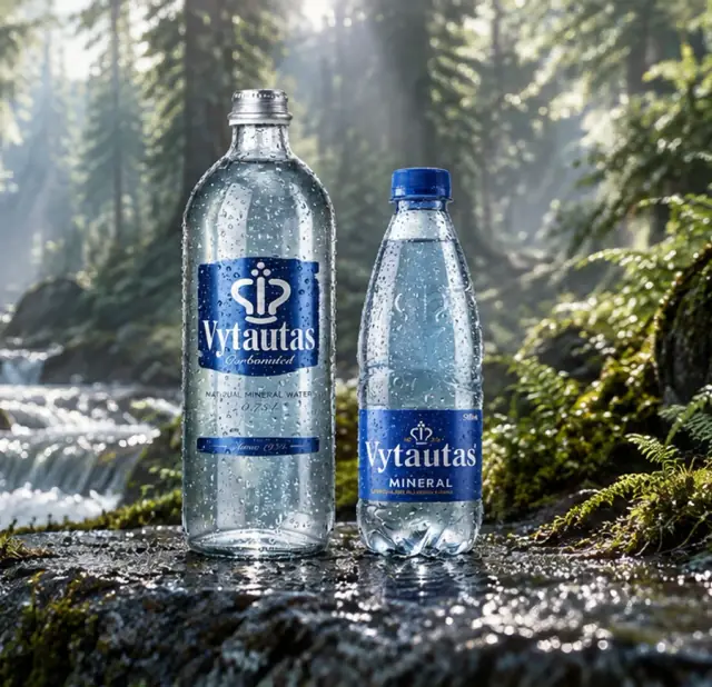 Vytautas glass and PET bottles beside a woodland stream, campaign artwork